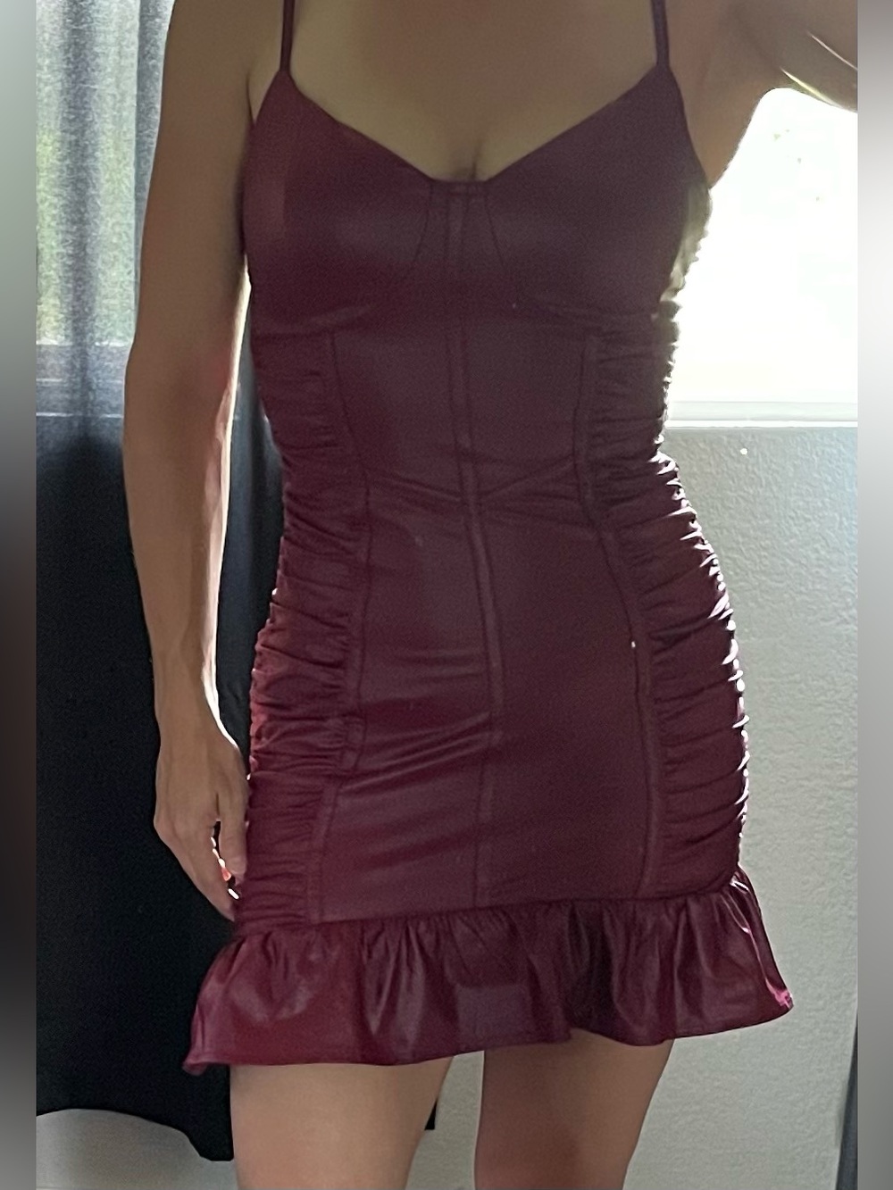 privy Burgundy Ruched Mini Slip Dress with Ruffle Hem